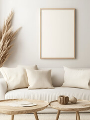 modern interior design mockup background with a blank poster frame, sofa and coffee table in light beige tones, minimalist style, natural lighting, high resolution photography