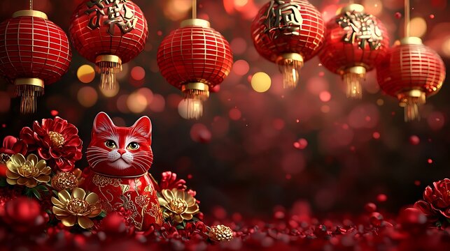 Red Cat Figurine with Lanterns and Flowers Festive Holiday Image