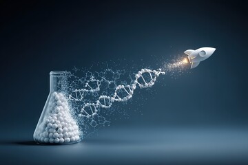 DNA Strands Emerge from Beaker, Transforming into a White Rocket on Blue Background