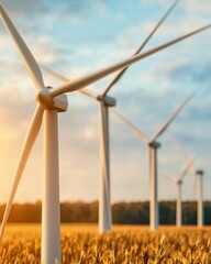 A serene landscape featuring wind turbines amidst golden fields under a clear sky, symbolizing renewable energy and sustainability.