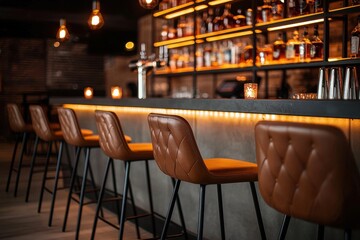 A stylish bar interior featuring leather stools, illuminated shelves of liquor, and a warm ambiance perfect for socializing.