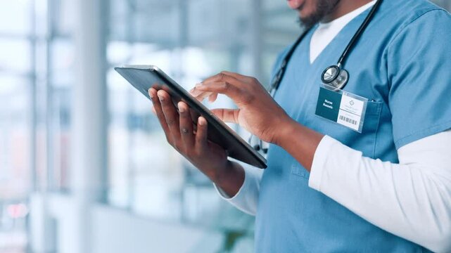 Hands, medical and tablet with nurse in hospital for review of information or records. Healthcare, insurance and telehealth with medicine professional person in clinic for diagnosis or results