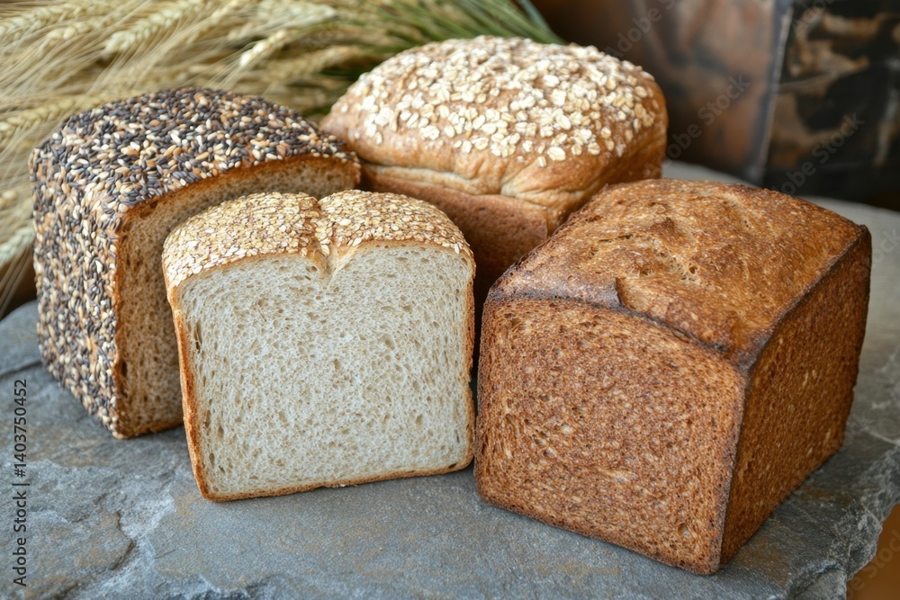 Poster rustic assortment of artisan breads on stone surface with wheat stalks in background for baking conc