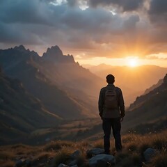 Fototapeta premium Man with Backpack Enjoys Sunset View on Mountain Top Adventure