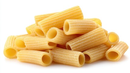 Pile of golden rigatoni pasta tubes on a white background macro shot studio photography culinary ingredient