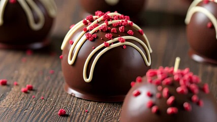 Closeup of rotating chocolate truffle with raspberry garnish on wooden table surface