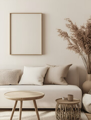 modern interior design mockup background with a blank poster frame, sofa and coffee table in light beige tones, minimalist style, natural lighting, high resolution photography