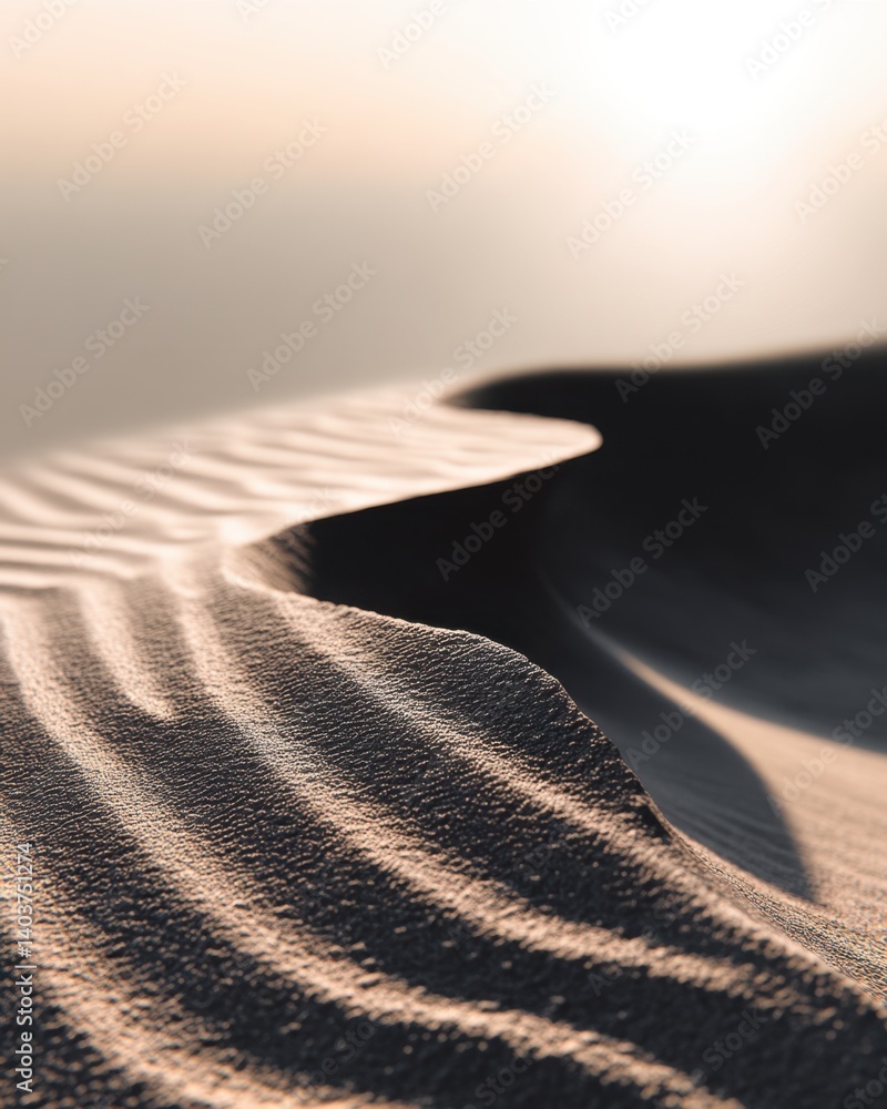 Poster serene sand dune crest in warm light capturing desert landscape with smooth ripples and subtle shado