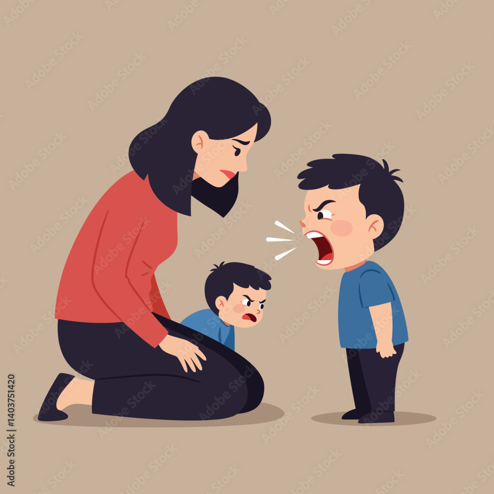 Poster child arguing with sibling while parent intervenes in flat vector art