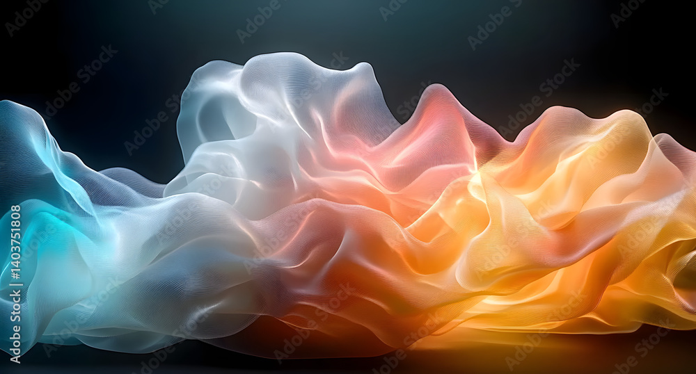 Poster abstract flowing waves of colorful smoke-like fabric are illuminated by a bright light source, creat