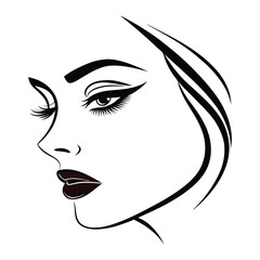 Minimalist female face illustration with elegant makeup eyeliner eyelashes red lips and smooth hair lines in beauty salon logo concept