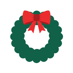 Green Christmas wreath with red bow in flat design vector art