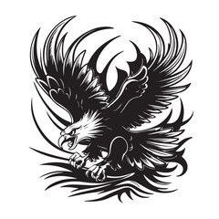 Obraz premium Majestic eagle soaring gracefully against a white backdrop with detailed wing and claw illustrations in silhouette Design