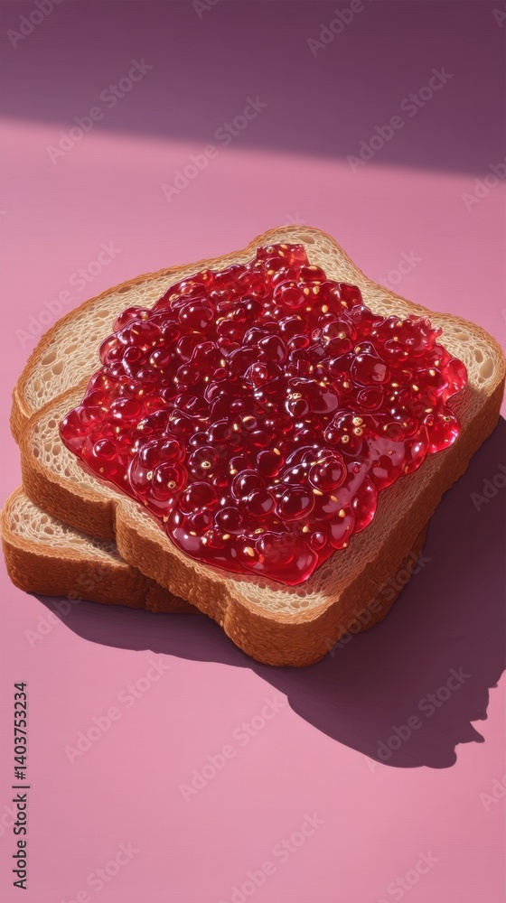Poster two slices of toast with vibrant red raspberry jam against a pink background providing a sweet break