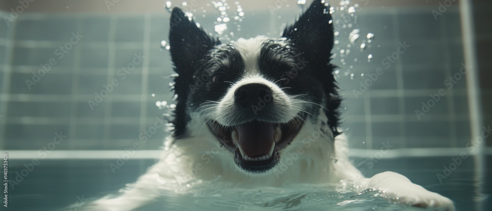 Poster joyful border collie enjoying a refreshing swim in a tiled pool with sparkling water and a happy exp
