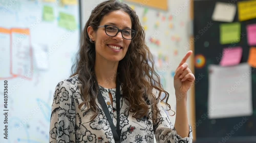 Poster this motivated teacher interacts with her class while explaining a lesson enthusiastically.