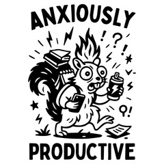 Funny squirrel cartoon running with phone, books, and energy drink. Concept of anxious productivity and burnout.