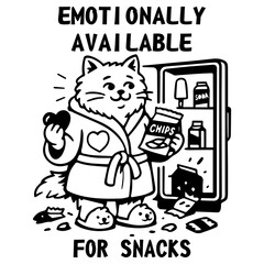 Cute cat in robe with chips and slippers in front of fridge. Funny emotional eating cartoon. Great design for snacks, comfort, and self-care lovers.