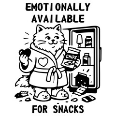 Cute cat in robe with chips and slippers in front of fridge. Funny emotional eating cartoon. Great design for snacks, comfort, and self-care lovers.