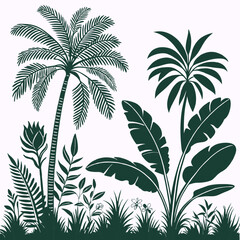 Tropical vintage botanical palm trees, banana tree, green plants floral seamless border white background. vector