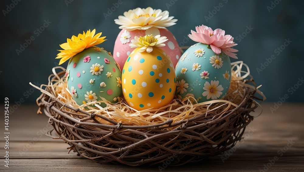 Poster a basket filled with colorful easter eggs, each decorated with floral patterns and topped with a flo