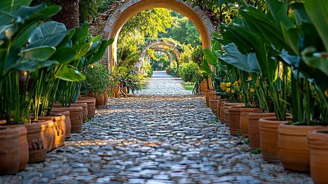 Serene garden pathway lined with vibrant plants and terracotta pots under soft sunlight
