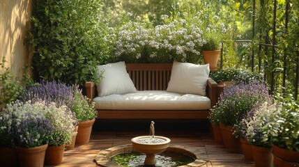 Fototapeta premium Cozy Garden Retreat on Balcony with Lush Plants