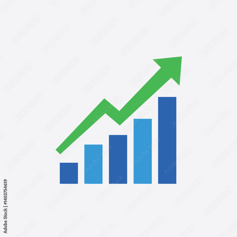 Poster bar chart growth representation with upward arrow in flat design vector art