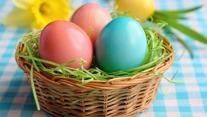 Obraz premium A basket filled with colorful Easter eggs on top of grass.