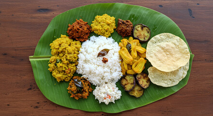 Assorted Sri Lankan dishes on rattan table with tropical kitchen decor and bright lighting