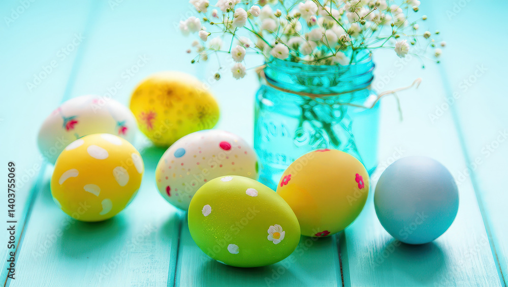 Poster A collection of colorful Easter eggs in various sizes and patterns, placed on a blue table against a white background.