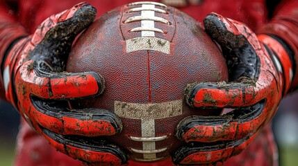 Gridiron Glory: A Mud-Covered American Football Held Firmly in Gripping Gloves