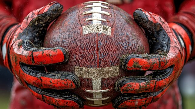 Gridiron Glory: A Mud-Covered American Football Held Firmly in Gripping Gloves