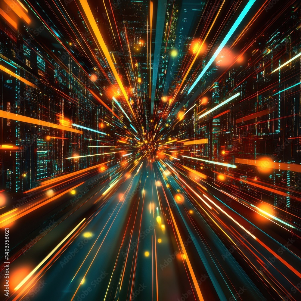 Poster abstract futuristic cityscape with glowing neon light trails creating a dynamic perspective and ener