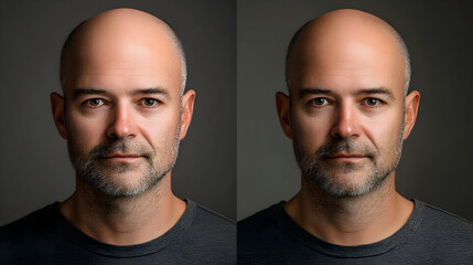 A close-up portrait of a middle-aged man with a bald head and stubble, captured against a neutral gray backdrop. The image showcases the subject's serious expression and subtle lighting.