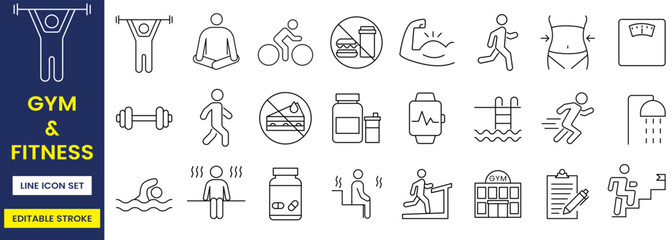gym and fitness icon set, fitness gym icon, vector, editable stroke
