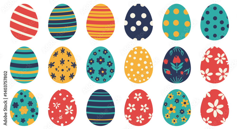 Poster colorful easter eggs with various patterns in flat style vector art