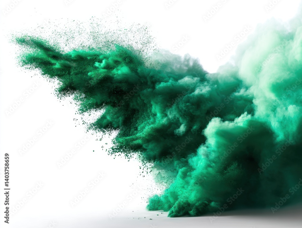 Poster emerald explosion of vibrant pigment dust on a white canvas creating dynamic abstract art and ethere