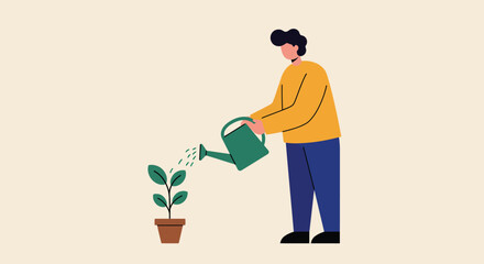 Person watering a plant in flat vector art style with vibrant colors and simple shapes vector illustration