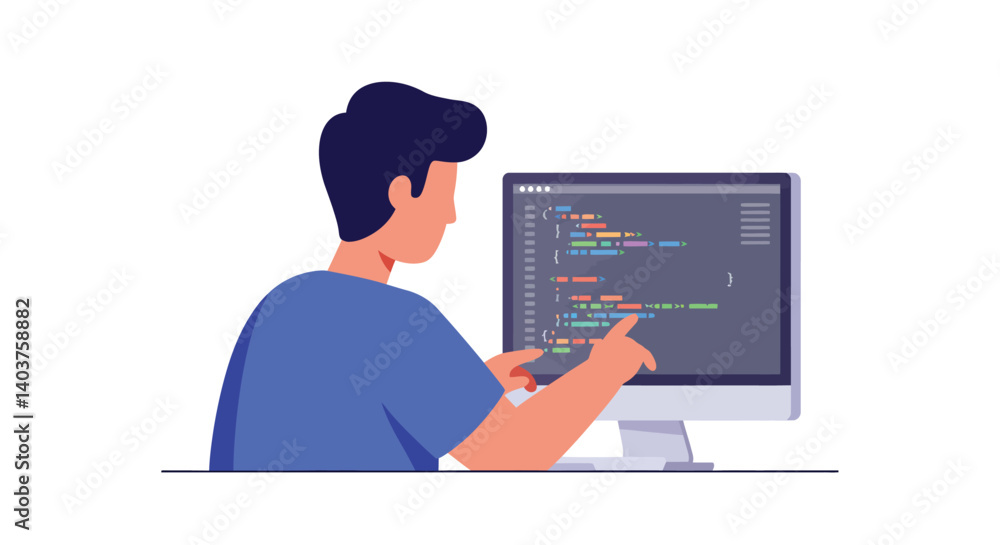 Poster person coding on computer screen in flat design style vector art