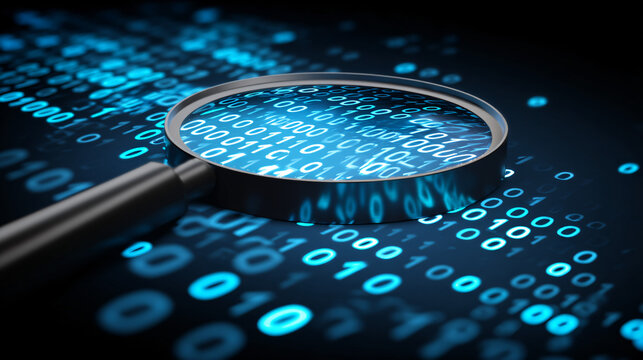Digital Data Analysis: Magnifying glass examines binary code, symbolizing deep data analysis and digital information processing. A visual representation of exploring code.