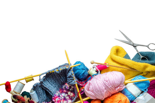 Handmade. Knitting needles, balls of wool and other tools. View from above with lots of tools for crafts. Copyspace
