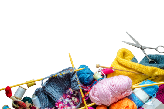 Handmade. Knitting needles, balls of wool and other tools. View from above with lots of tools for crafts. Copyspace