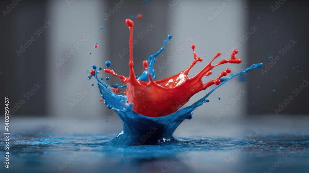 Poster dynamic collision of red and blue paint creates a vibrant splash against a minimalist background in 