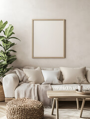 modern interior design mockup background with a blank poster frame, sofa and coffee table in light beige tones, minimalist style, natural lighting, high resolution photography