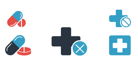 Obraz premium Colorful pill icons and medical symbols in flat vector art style for healthcare design