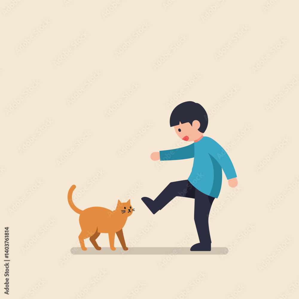 Poster child playing with cat in minimal flat design vector art