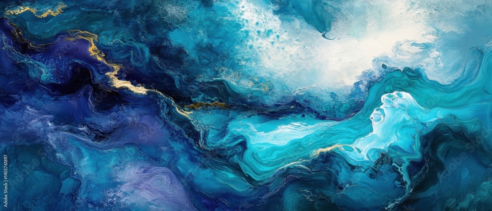 Poster abstract ocean wave art with gold accents creating a serene and dynamic visual experience perfect fo