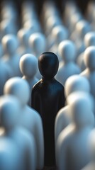 Obraz premium Black figurine standing out in a large group of white figurines, representing diversity, leadership, and standing out from the majority