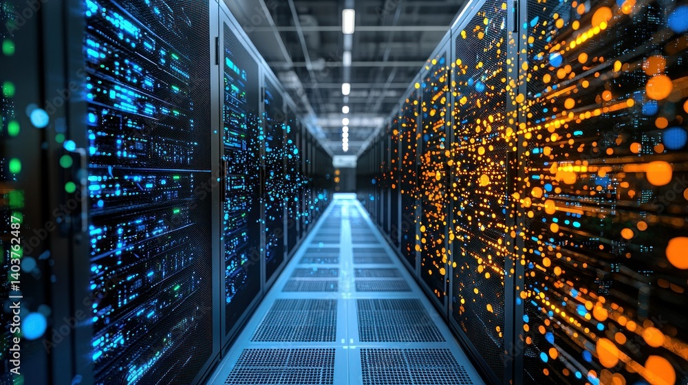 Poster digital data flow: a glimpse into the heart of a modern server room